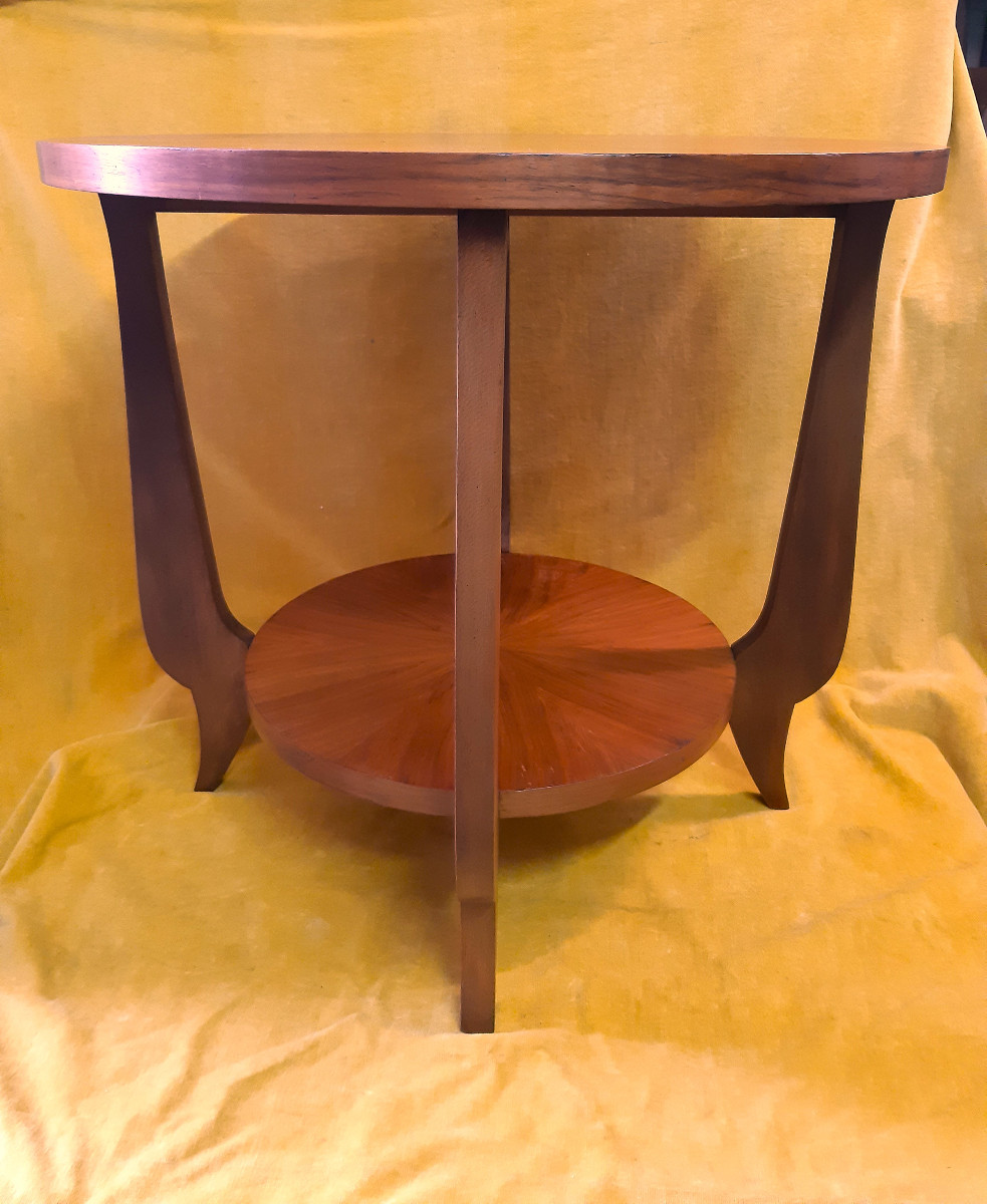 Round Art Deco Pedestal Table 1930-50 Blond Mahogany 4 Curved Legs Radiant Top-photo-2