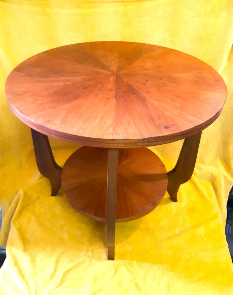 Round Art Deco Pedestal Table 1930-50 Blond Mahogany 4 Curved Legs Radiant Top-photo-3