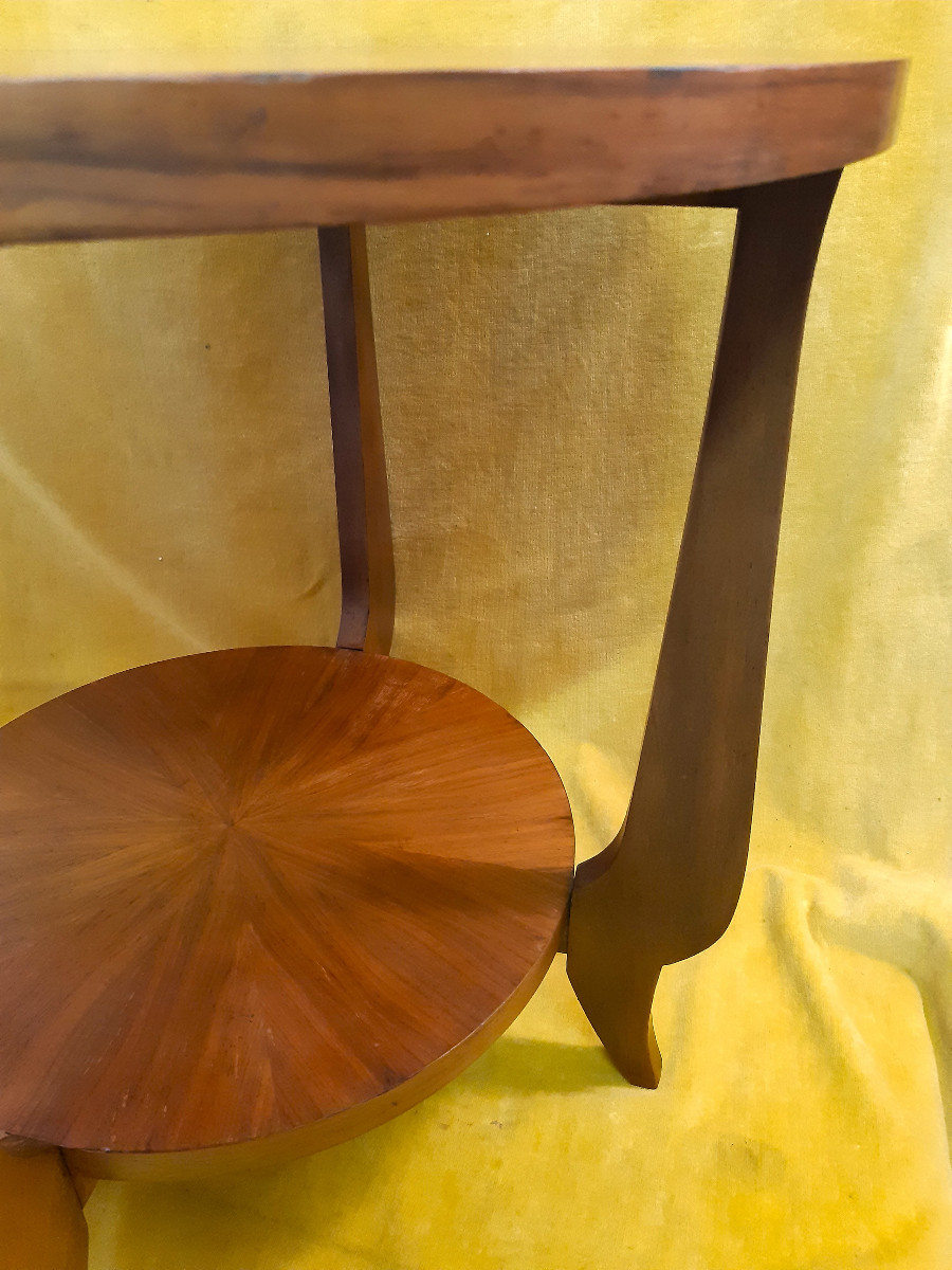 Round Art Deco Pedestal Table 1930-50 Blond Mahogany 4 Curved Legs Radiant Top-photo-4