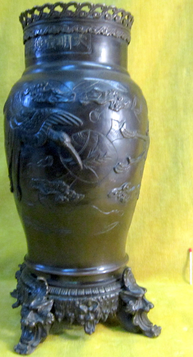 Big Bronze Vase Japan Crane Robbery 19th-photo-3