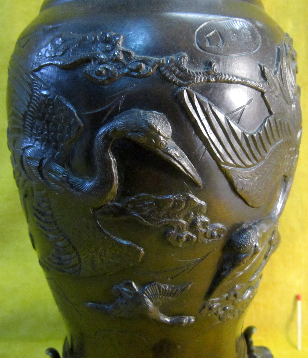 Big Bronze Vase Japan Crane Robbery 19th-photo-4