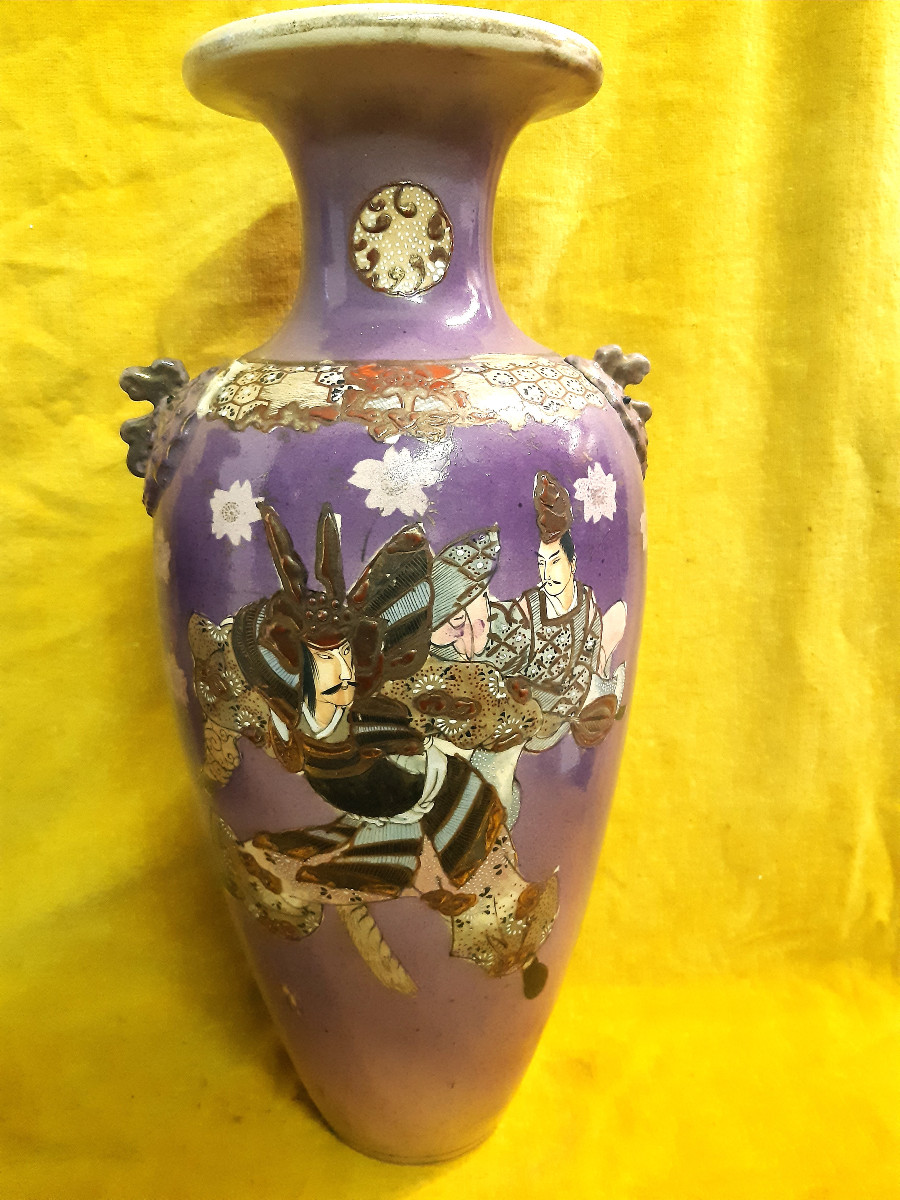 Pair Of Large Vases (47 Cm) Purple Background Samurai Combat Decor Imperial Japan Meiji 19th-photo-2