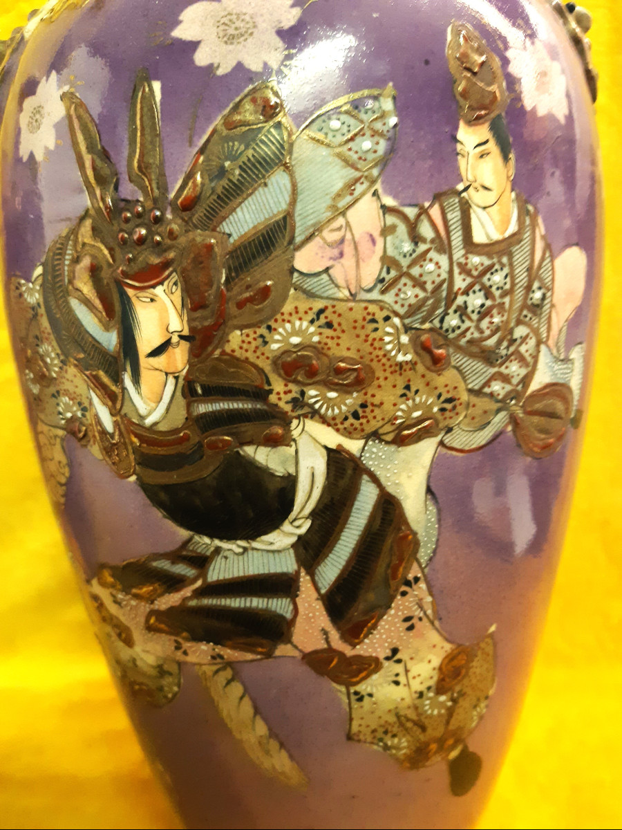 Pair Of Large Vases (47 Cm) Purple Background Samurai Combat Decor Imperial Japan Meiji 19th-photo-3