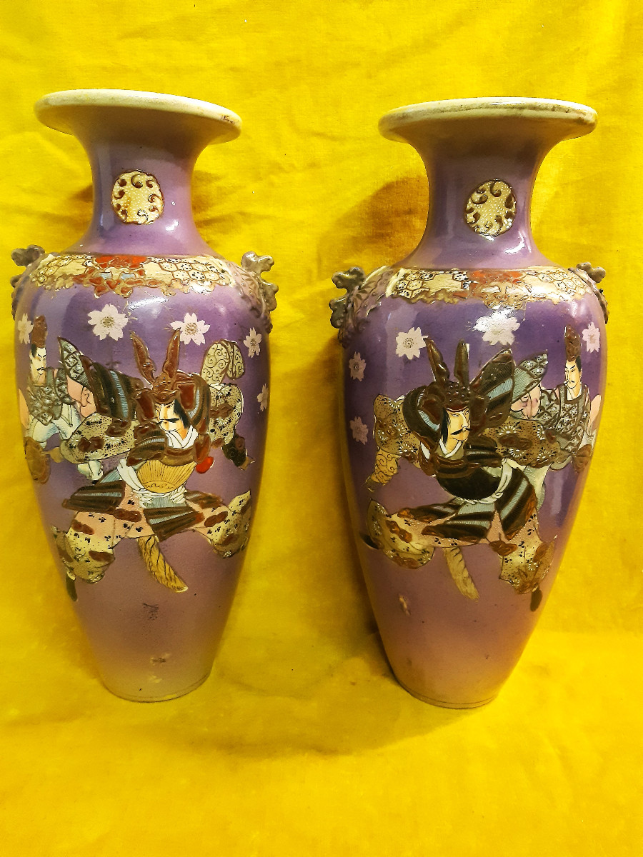 Pair Of Large Vases (47 Cm) Purple Background Samurai Combat Decor Imperial Japan Meiji 19th-photo-8