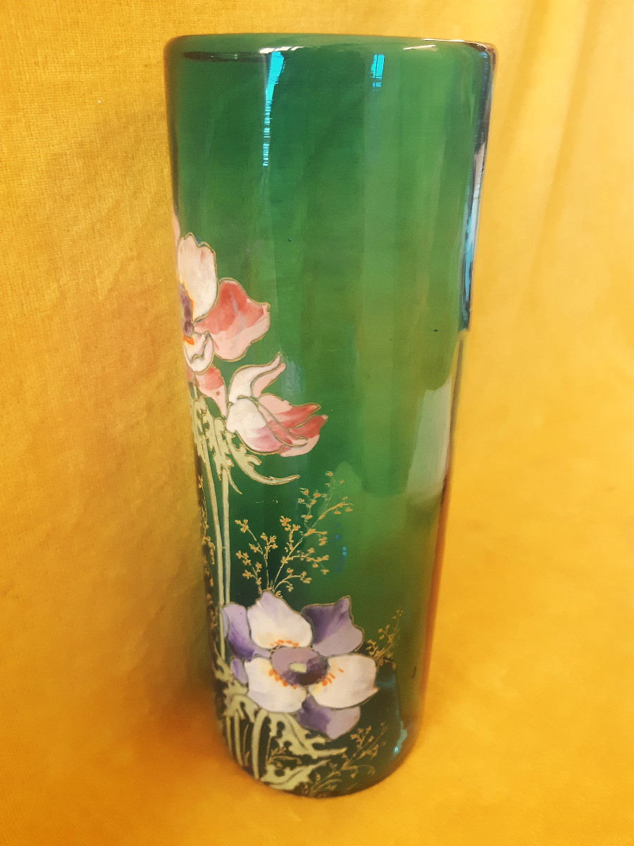   Legras Montjoie St Denis Blown Tube Vase Turquoise Blue Enamel Flowers 1900 Art Nouveau-photo-2