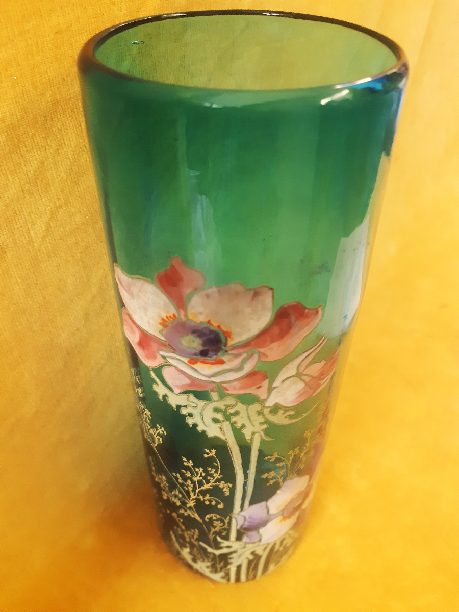   Legras Montjoie St Denis Blown Tube Vase Turquoise Blue Enamel Flowers 1900 Art Nouveau-photo-3