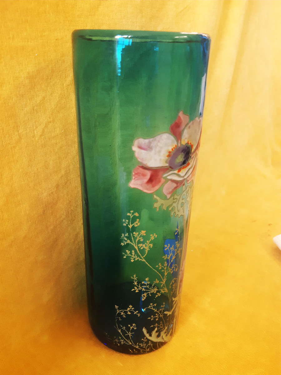   Legras Montjoie St Denis Blown Tube Vase Turquoise Blue Enamel Flowers 1900 Art Nouveau-photo-4