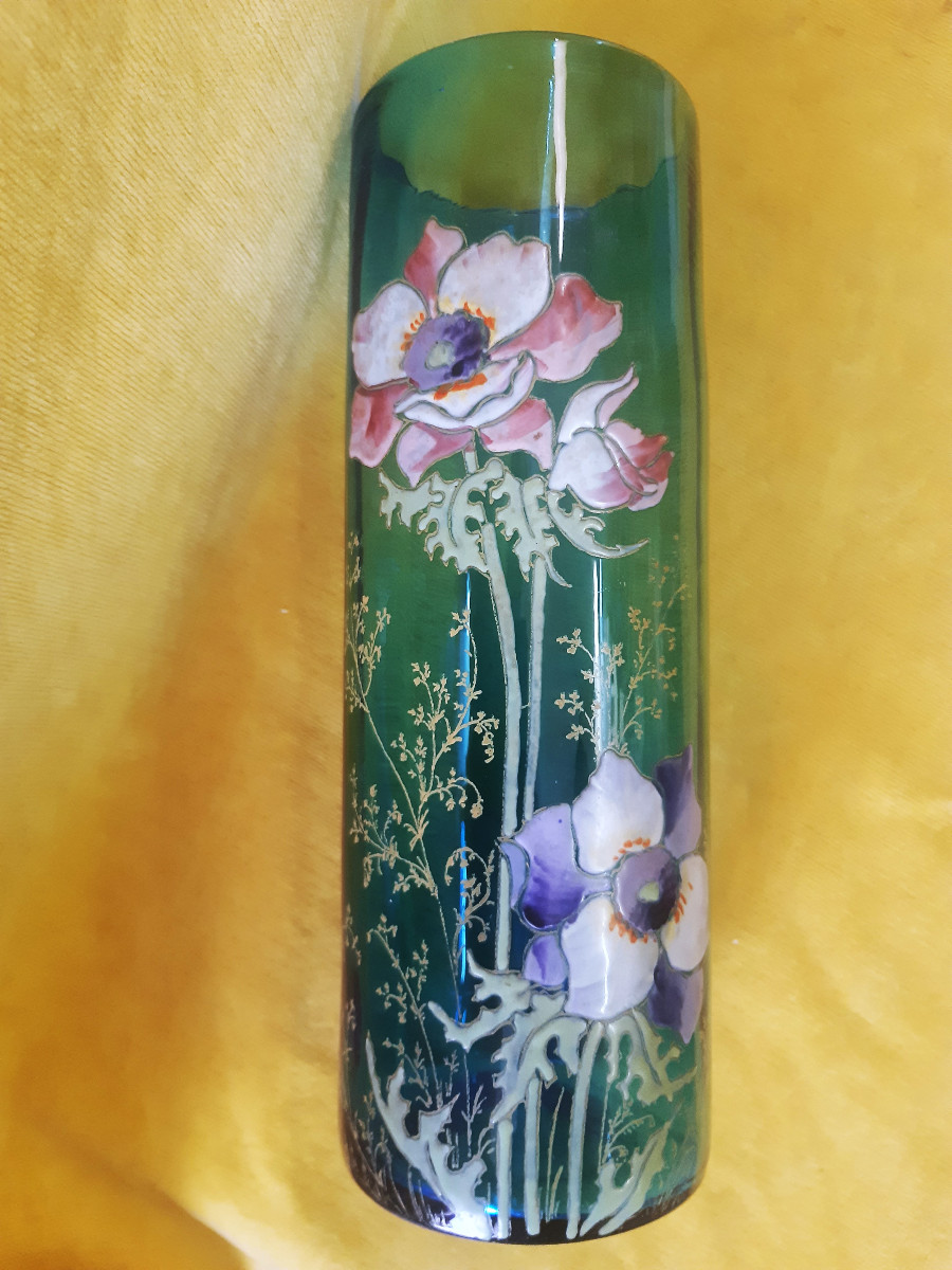   Legras Montjoie St Denis Blown Tube Vase Turquoise Blue Enamel Flowers 1900 Art Nouveau-photo-1