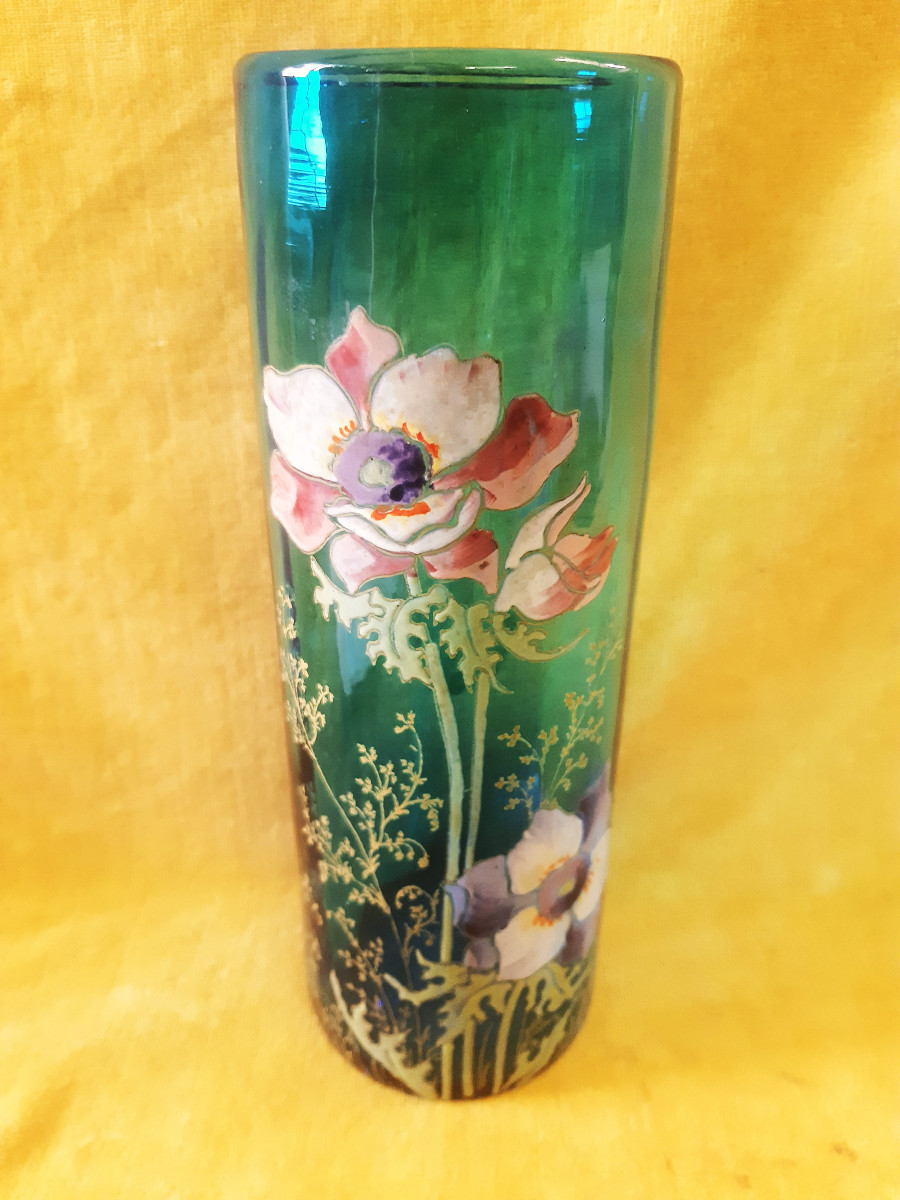   Legras Montjoie St Denis Blown Tube Vase Turquoise Blue Enamel Flowers 1900 Art Nouveau