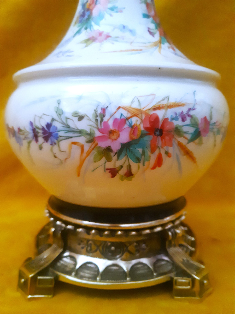 Grande Lampe Cristal Taillé et Porcelaine Décoré de Fleurs Monture Bronze Napoléon III 19éme  -photo-2