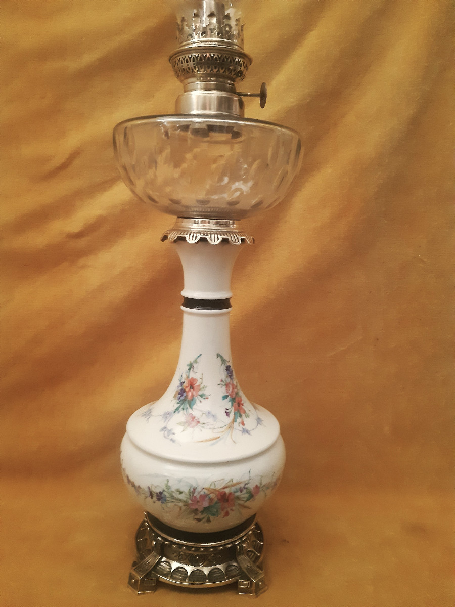 Grande Lampe Cristal Taillé et Porcelaine Décoré de Fleurs Monture Bronze Napoléon III 19éme  -photo-3