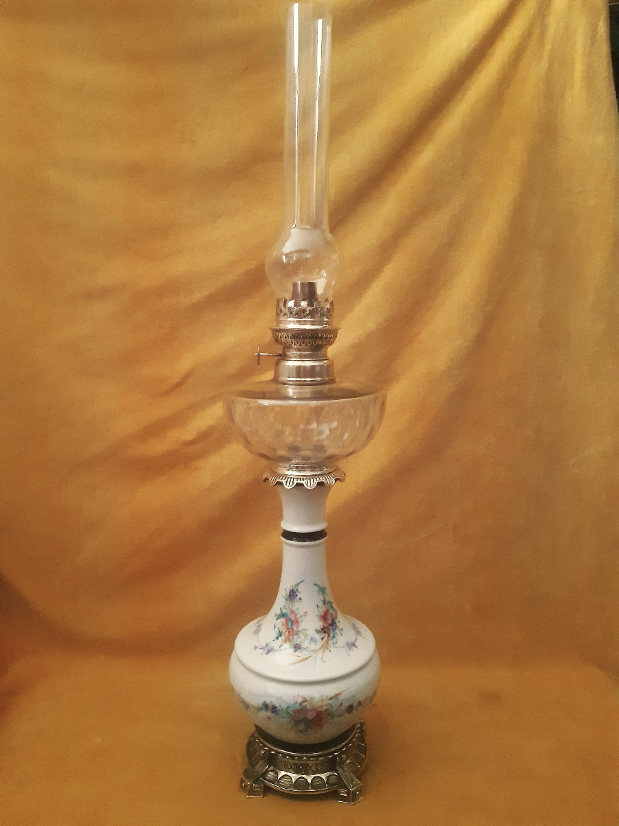 Grande Lampe Cristal Taillé et Porcelaine Décoré de Fleurs Monture Bronze Napoléon III 19éme  -photo-4