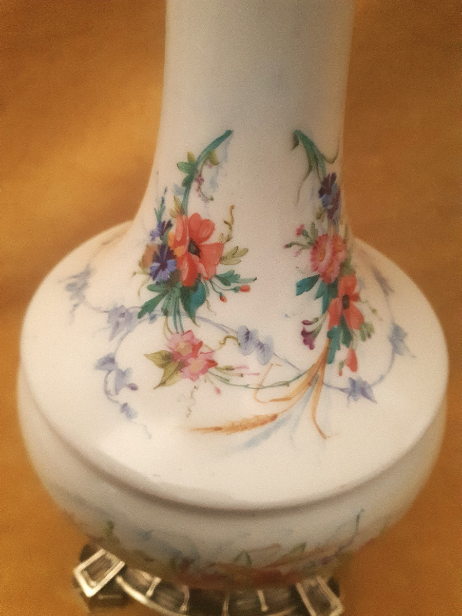 Grande Lampe Cristal Taillé et Porcelaine Décoré de Fleurs Monture Bronze Napoléon III 19éme  -photo-1