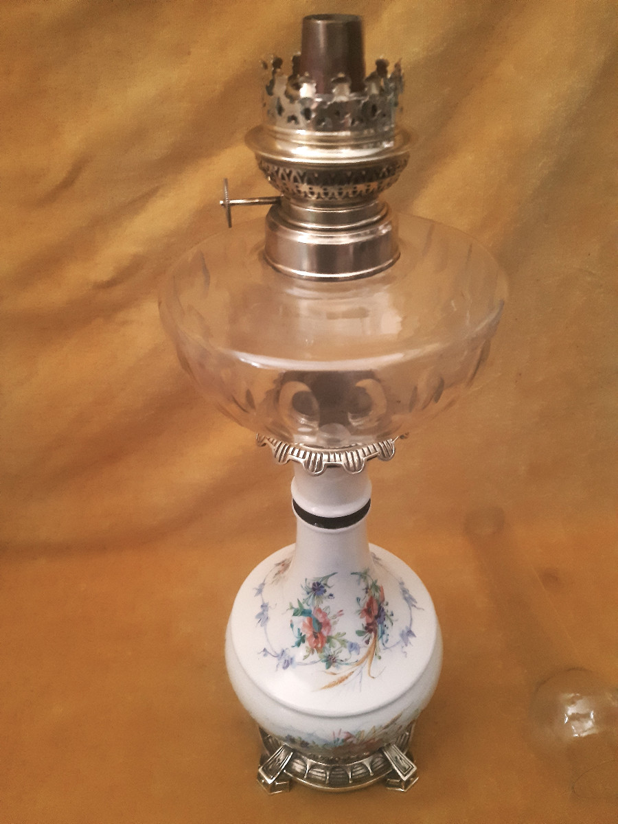 Grande Lampe Cristal Taillé et Porcelaine Décoré de Fleurs Monture Bronze Napoléon III 19éme  -photo-2