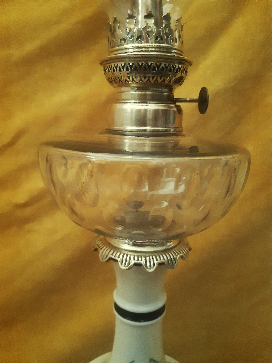 Grande Lampe Cristal Taillé et Porcelaine Décoré de Fleurs Monture Bronze Napoléon III 19éme  -photo-3