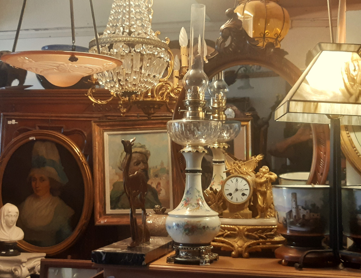 Grande Lampe Cristal Taillé et Porcelaine Décoré de Fleurs Monture Bronze Napoléon III 19éme  -photo-5