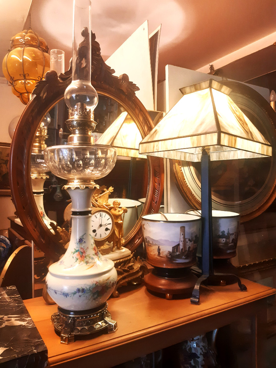Grande Lampe Cristal Taillé et Porcelaine Décoré de Fleurs Monture Bronze Napoléon III 19éme  -photo-6