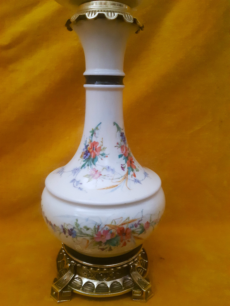 Grande Lampe Cristal Taillé et Porcelaine Décoré de Fleurs Monture Bronze Napoléon III 19éme  