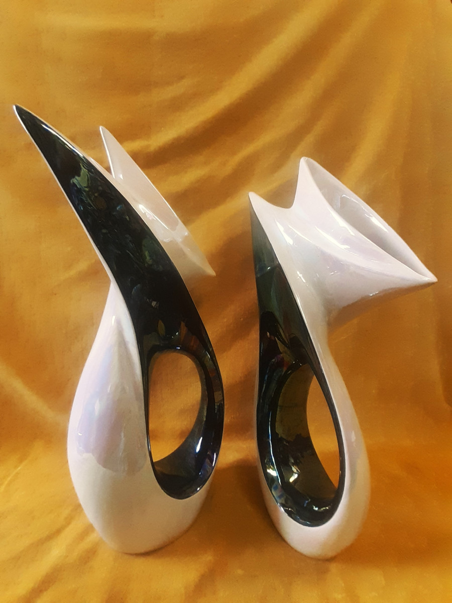Paire de Vases VERCERAM Noir Irisé et Blanc Nacré Vintage 1950/60-photo-2