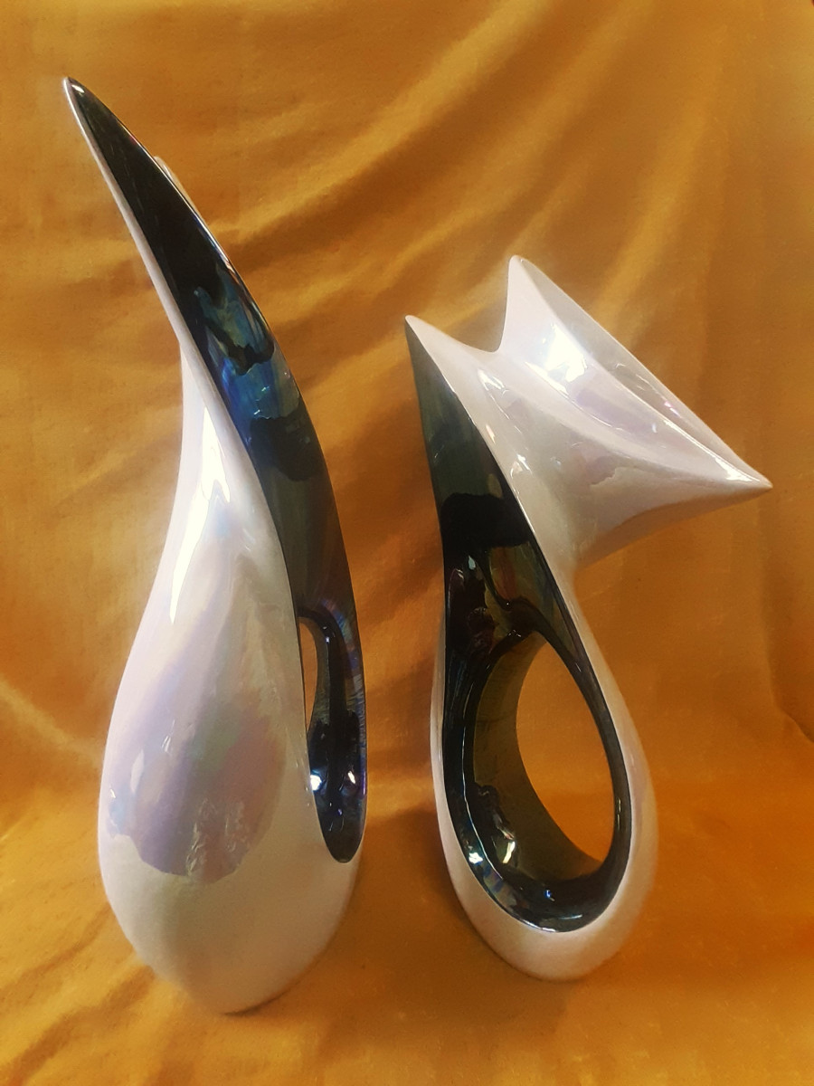Paire de Vases VERCERAM Noir Irisé et Blanc Nacré Vintage 1950/60-photo-3