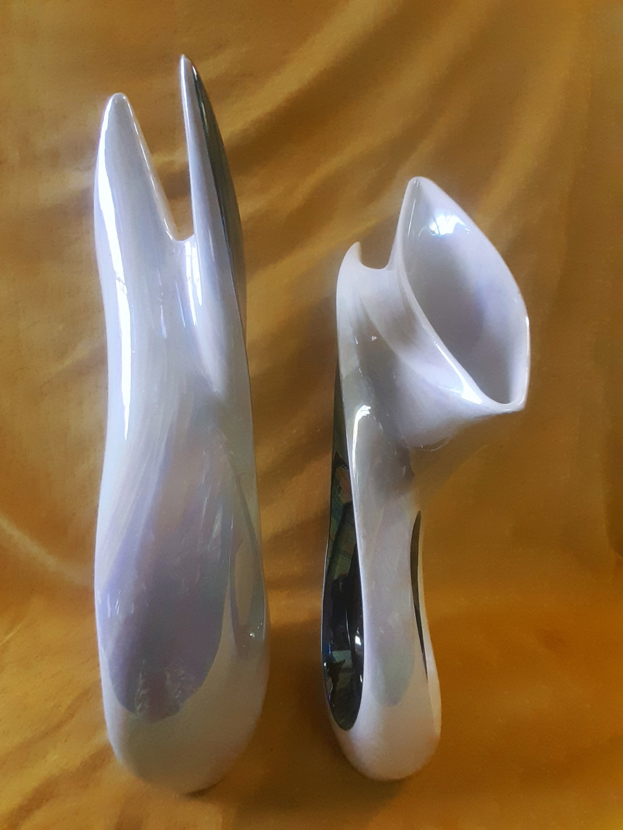 Paire de Vases VERCERAM Noir Irisé et Blanc Nacré Vintage 1950/60-photo-4