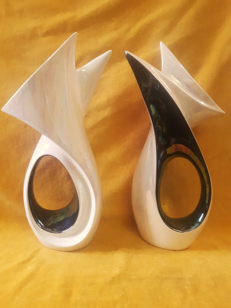 Paire de Vases VERCERAM Noir Irisé et Blanc Nacré Vintage 1950/60-photo-1