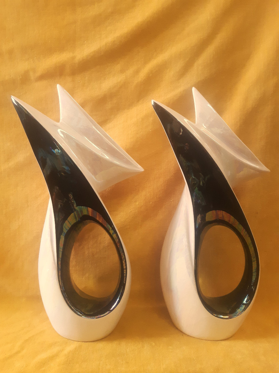 Paire de Vases VERCERAM Noir Irisé et Blanc Nacré Vintage 1950/60