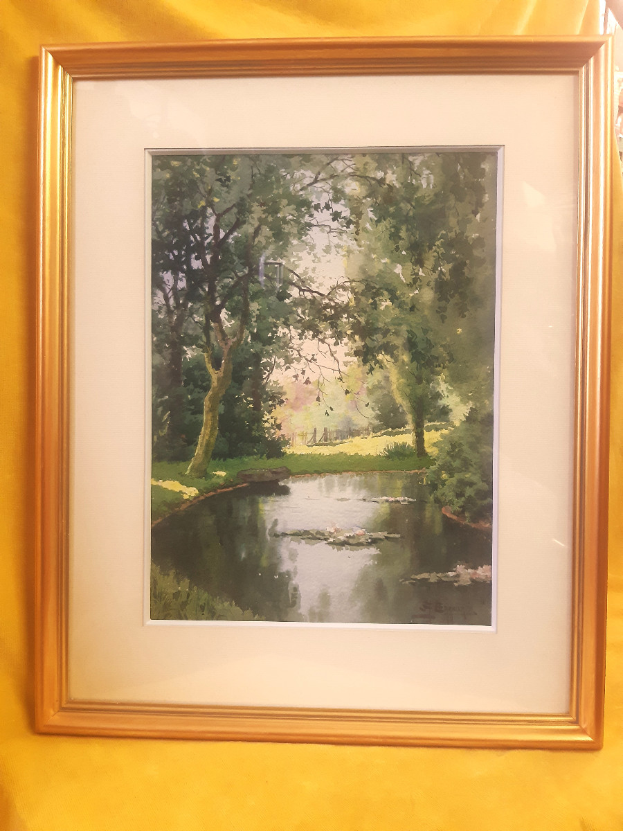 Watercolor "expanse Of Water Under The Trees In Spring" By Antoine Barbier (1859-lyon 1948)-photo-2