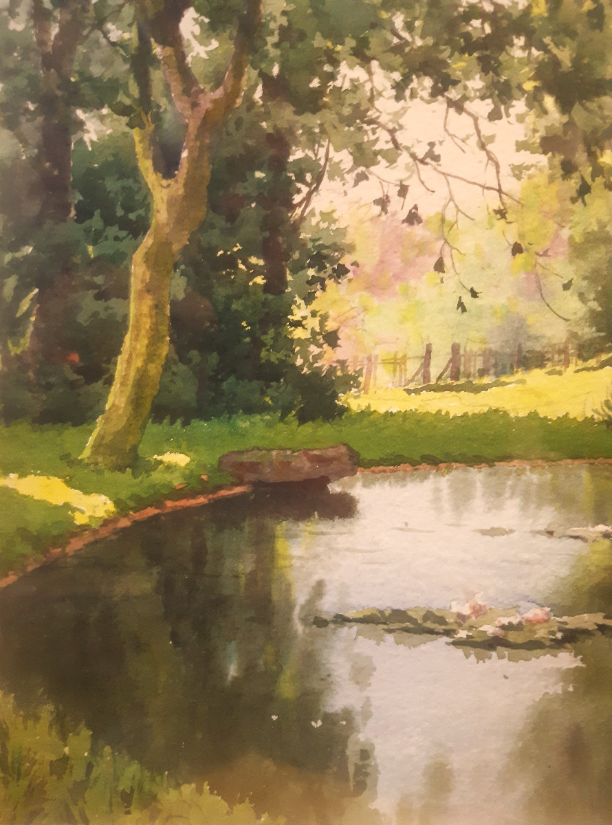 Watercolor "expanse Of Water Under The Trees In Spring" By Antoine Barbier (1859-lyon 1948)-photo-4