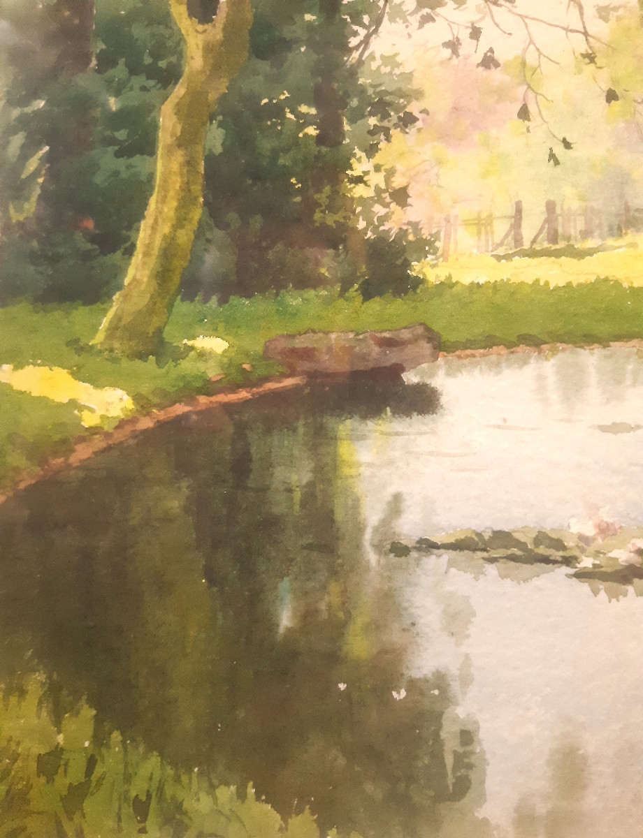 Watercolor "expanse Of Water Under The Trees In Spring" By Antoine Barbier (1859-lyon 1948)-photo-1