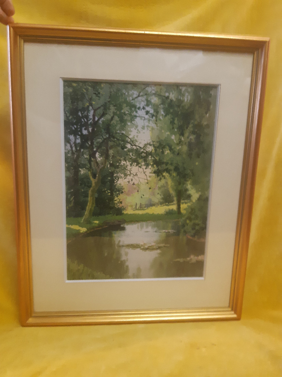Watercolor "expanse Of Water Under The Trees In Spring" By Antoine Barbier (1859-lyon 1948)-photo-8
