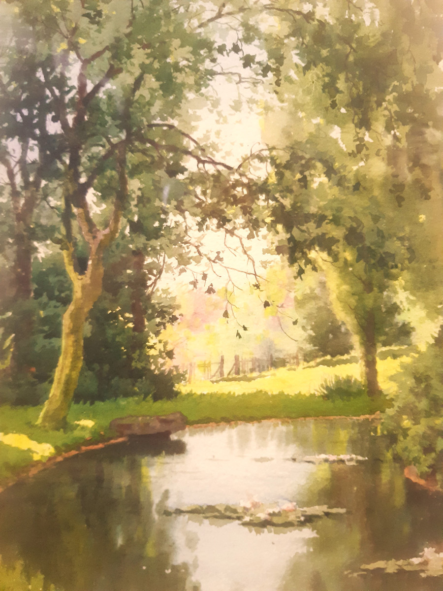 Watercolor "expanse Of Water Under The Trees In Spring" By Antoine Barbier (1859-lyon 1948)