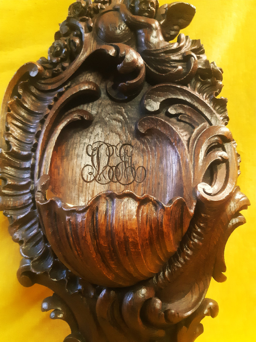 Large Carved Oak Holy Water Font, St. Louis XV, Black Forest, Brientz, 19th Century-photo-3