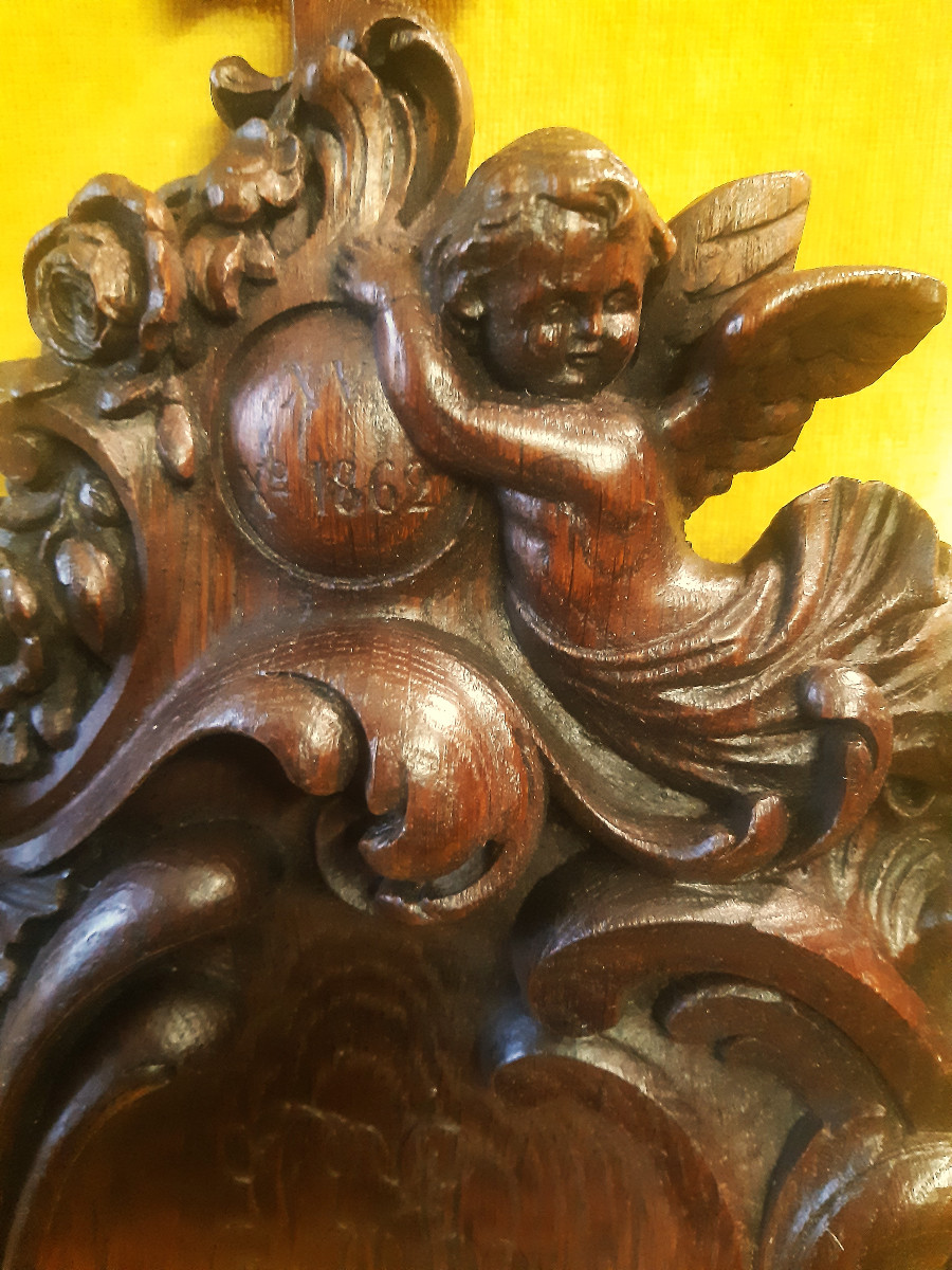 Large Carved Oak Holy Water Font, St. Louis XV, Black Forest, Brientz, 19th Century-photo-1