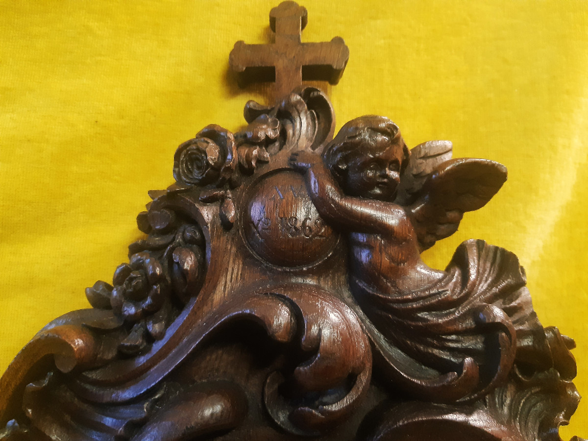 Large Carved Oak Holy Water Font, St. Louis XV, Black Forest, Brientz, 19th Century-photo-3