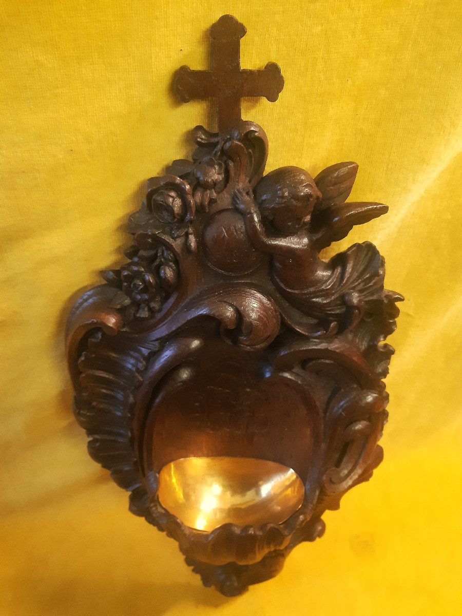 Large Carved Oak Holy Water Font, St. Louis XV, Black Forest, Brientz, 19th Century-photo-6