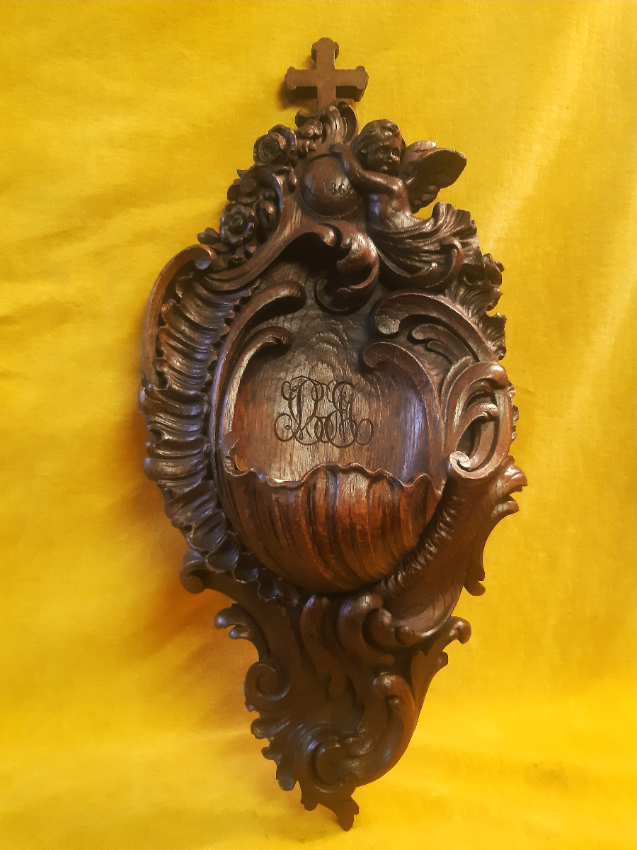 Large Carved Oak Holy Water Font, St. Louis XV, Black Forest, Brientz, 19th Century