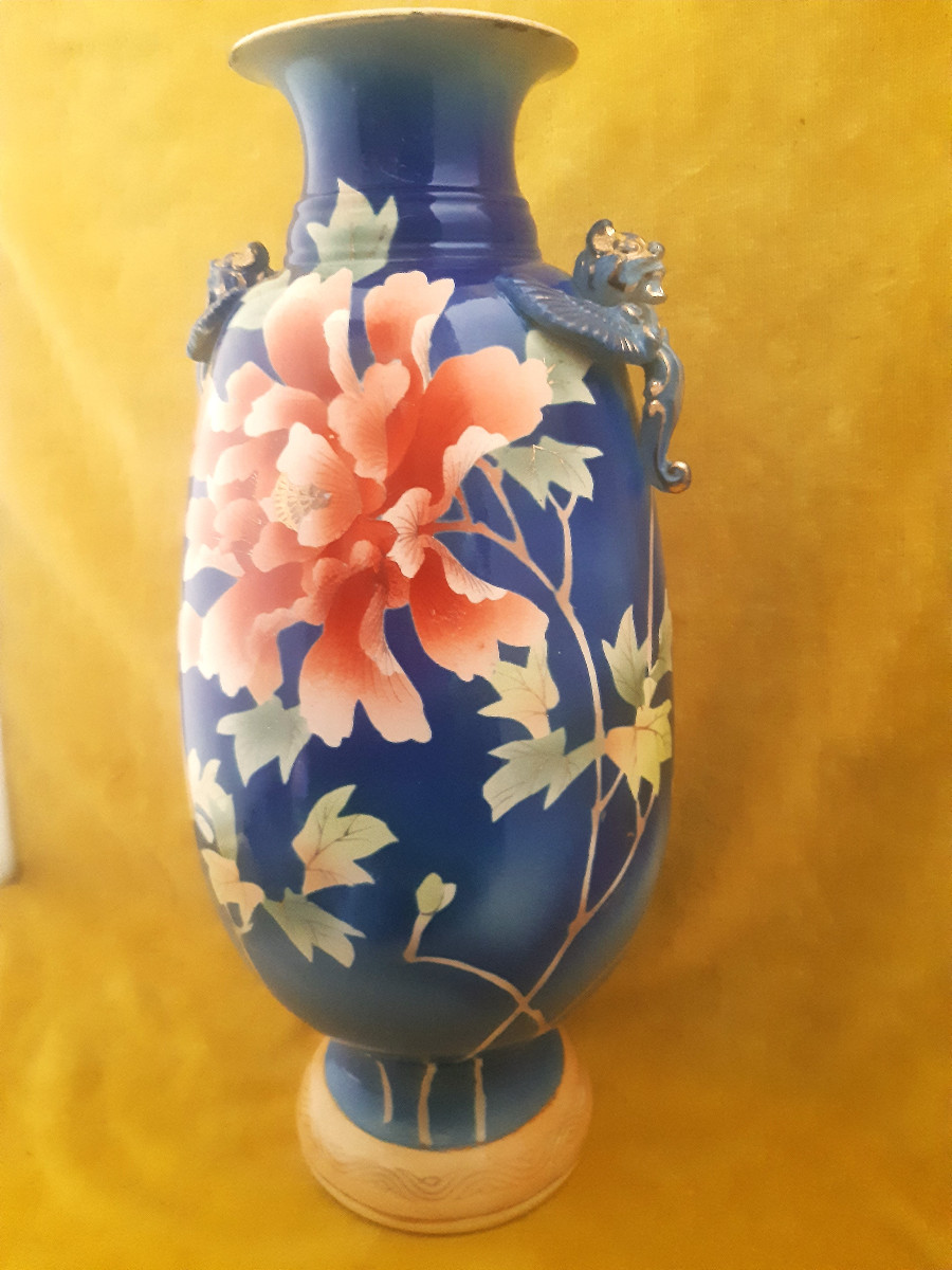 Japan Large Ceramic Vase With Peony Decoration And Dragon Grips, Meiji Era (1868-1912), Art Nouveau, 1900-photo-3