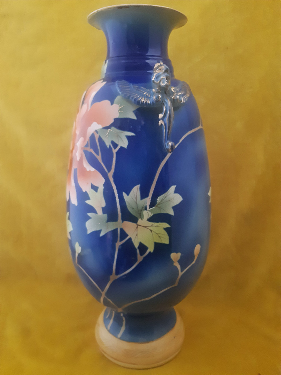 Japan Large Ceramic Vase With Peony Decoration And Dragon Grips, Meiji Era (1868-1912), Art Nouveau, 1900-photo-4