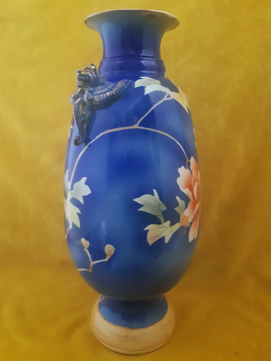 Japan Large Ceramic Vase With Peony Decoration And Dragon Grips, Meiji Era (1868-1912), Art Nouveau, 1900-photo-1