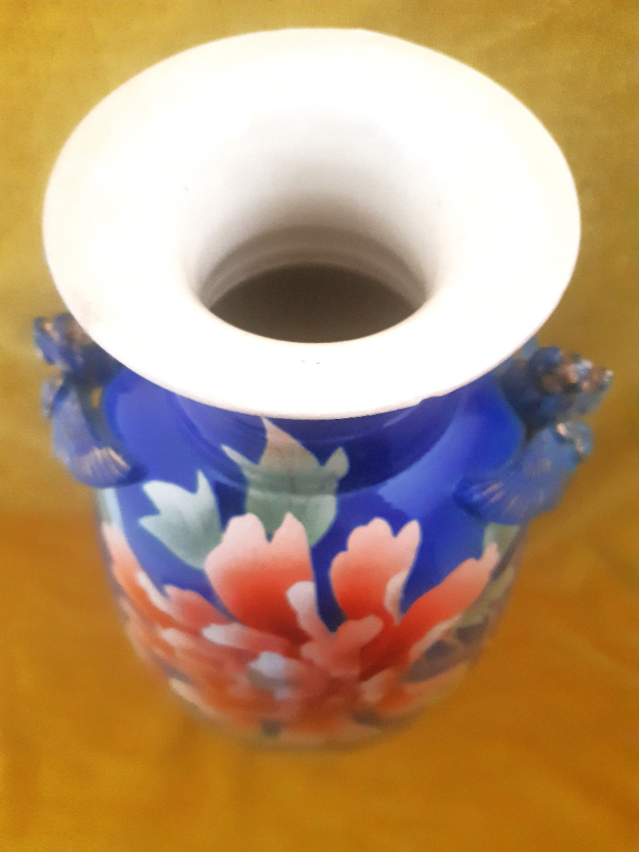 Japan Large Ceramic Vase With Peony Decoration And Dragon Grips, Meiji Era (1868-1912), Art Nouveau, 1900-photo-5