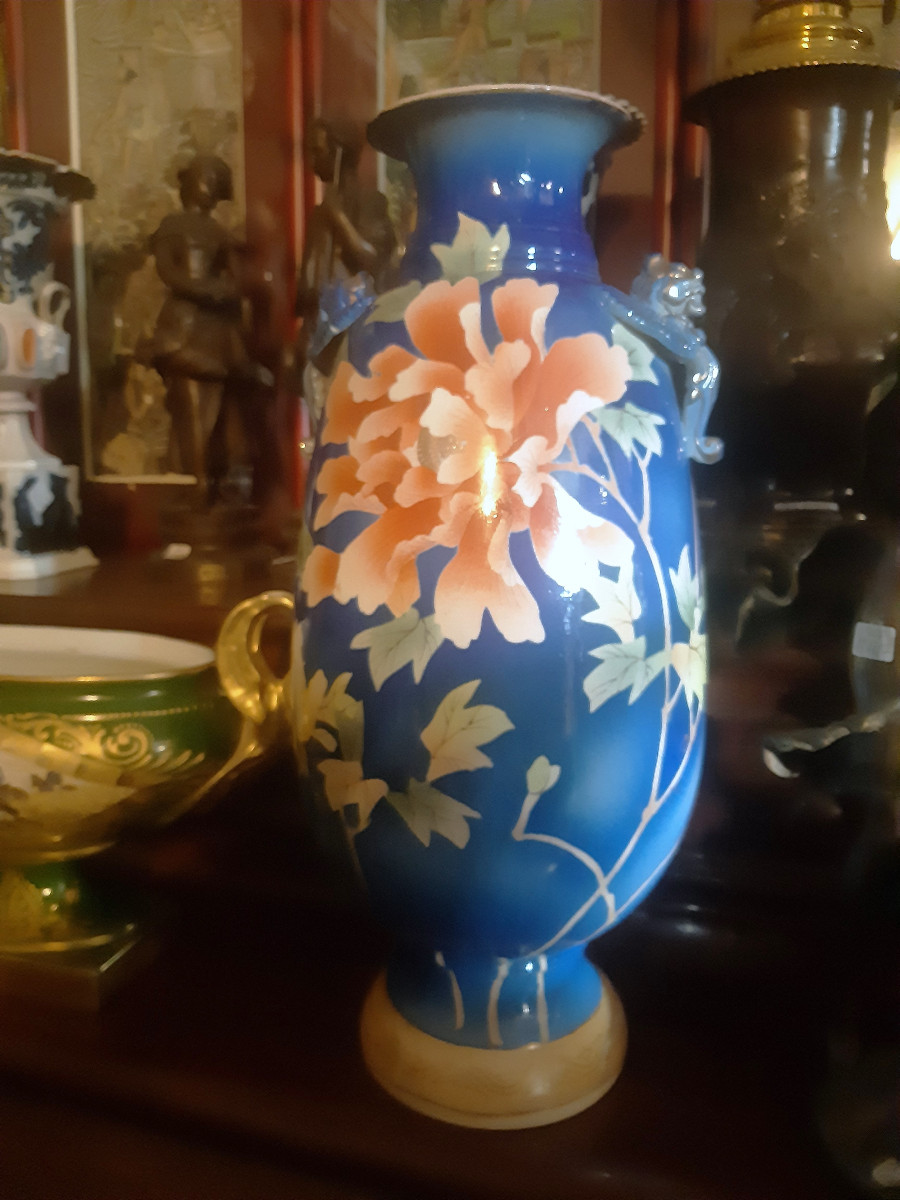 Japan Large Ceramic Vase With Peony Decoration And Dragon Grips, Meiji Era (1868-1912), Art Nouveau, 1900-photo-8