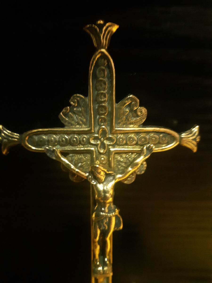 Bronze Cross Mounted On A Stand With Praying Cherubs, 18th Century-photo-4