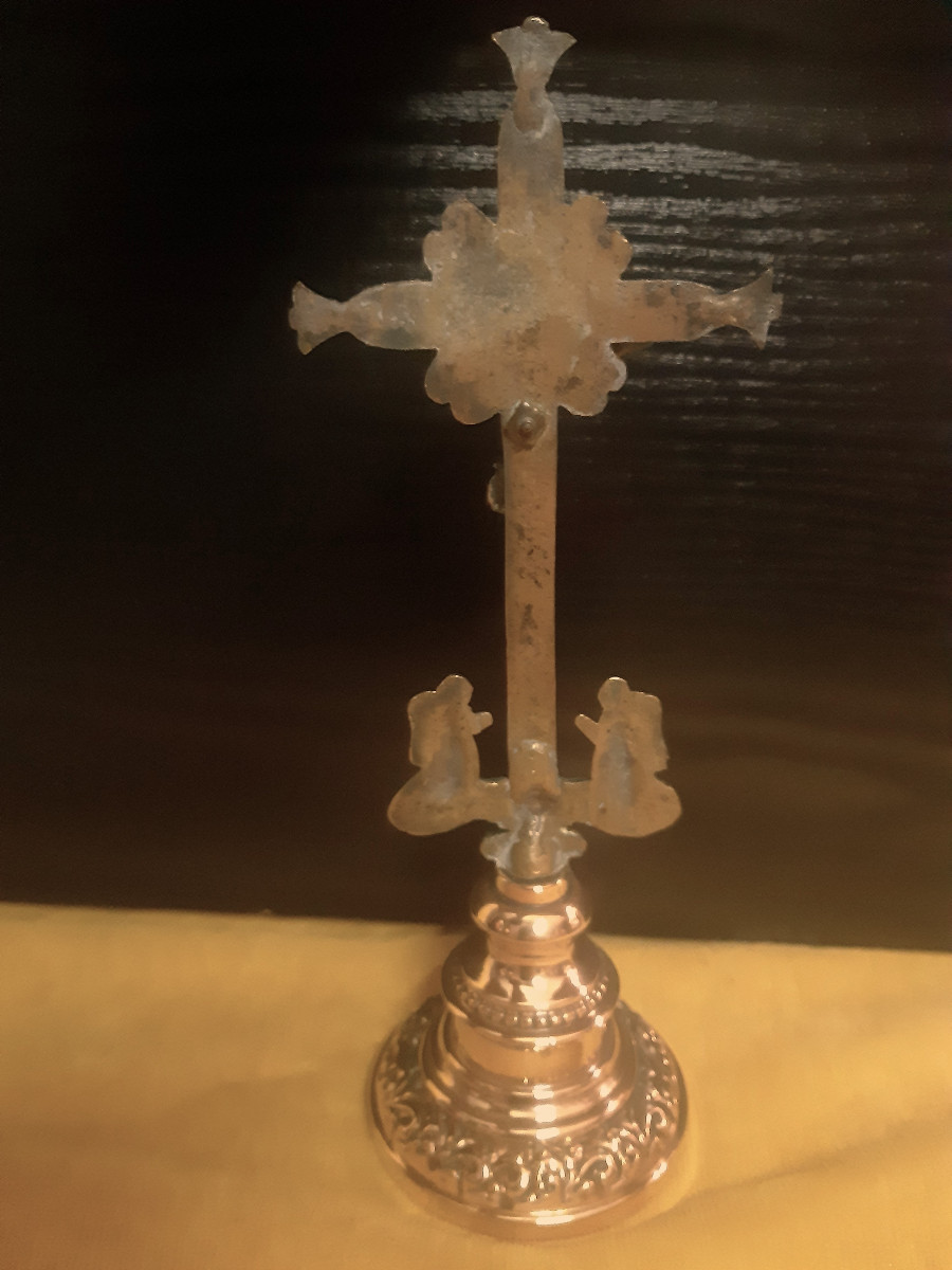Bronze Cross Mounted On A Stand With Praying Cherubs, 18th Century-photo-3
