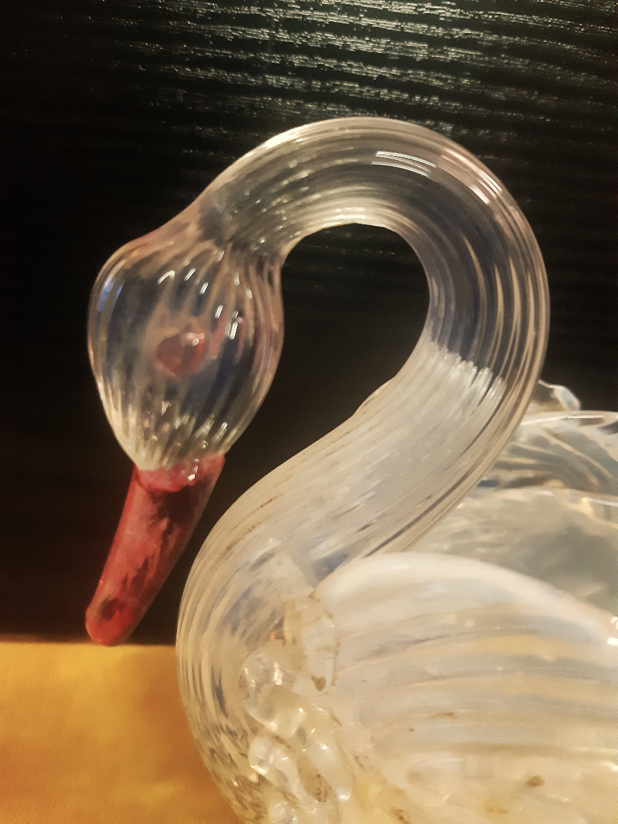 Cygne Verrerie Artisanal Opalescente 1930/50 Coupe Bonbonnière Jardinière   -photo-2