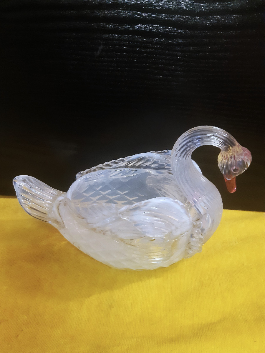 Cygne Verrerie Artisanal Opalescente 1930/50 Coupe Bonbonnière Jardinière   -photo-2