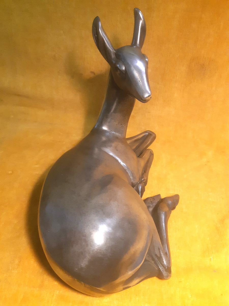Young Doe/fawn At Rest, Polished Metal, Art Deco, 1930s, Style Of I. Rochard (1906-1984)-photo-2