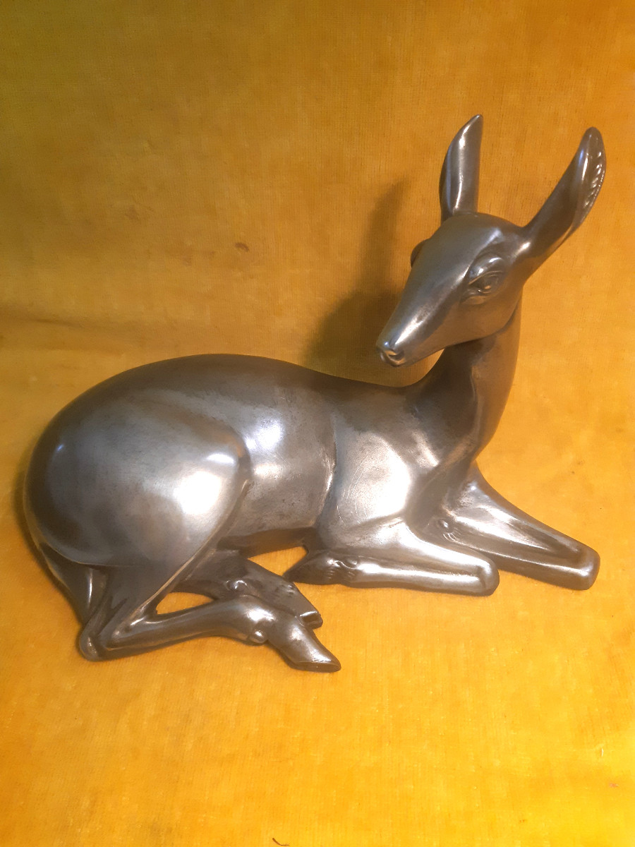 Young Doe/fawn At Rest, Polished Metal, Art Deco, 1930s, Style Of I. Rochard (1906-1984)-photo-3
