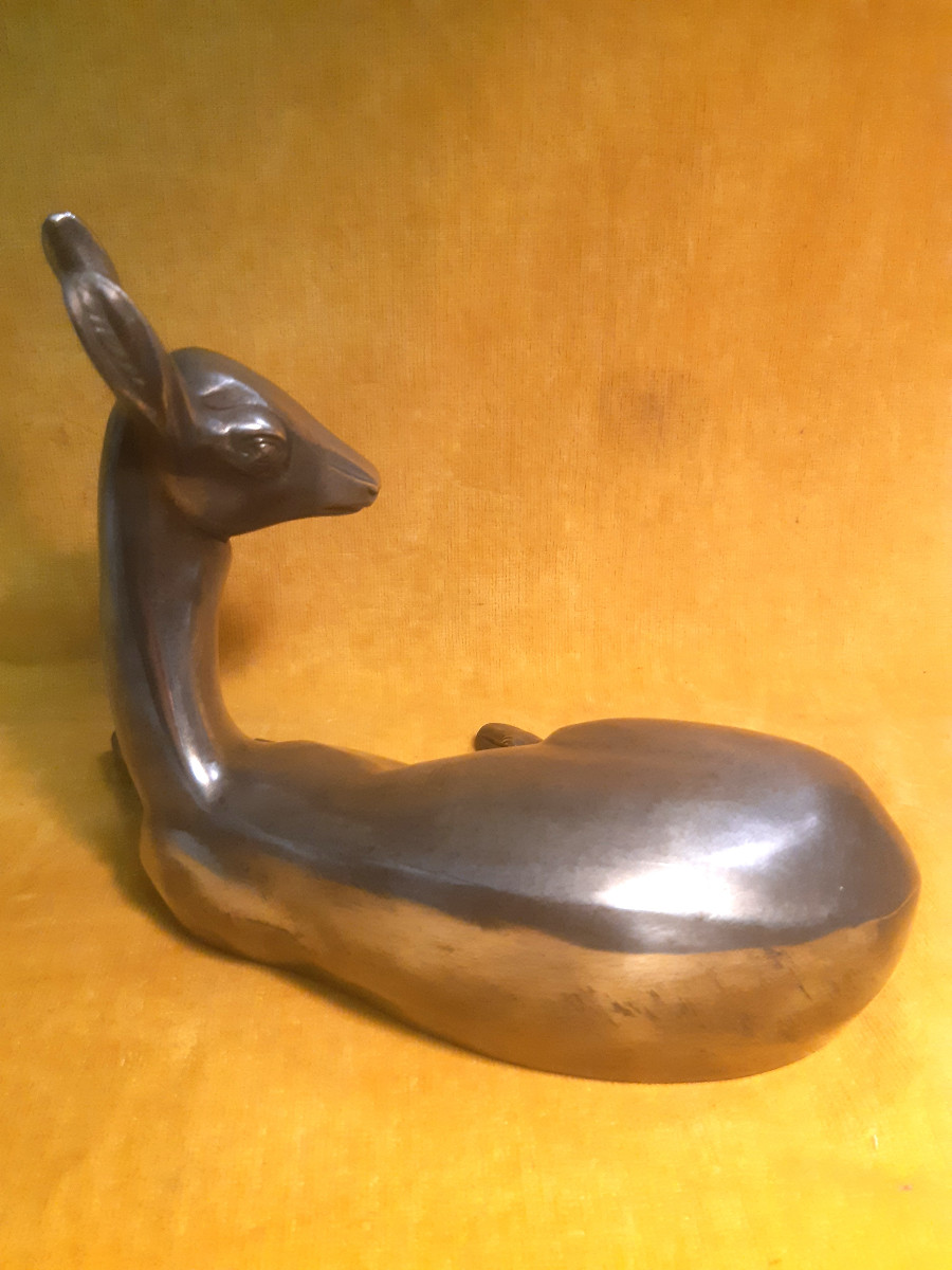 Young Doe/fawn At Rest, Polished Metal, Art Deco, 1930s, Style Of I. Rochard (1906-1984)-photo-3