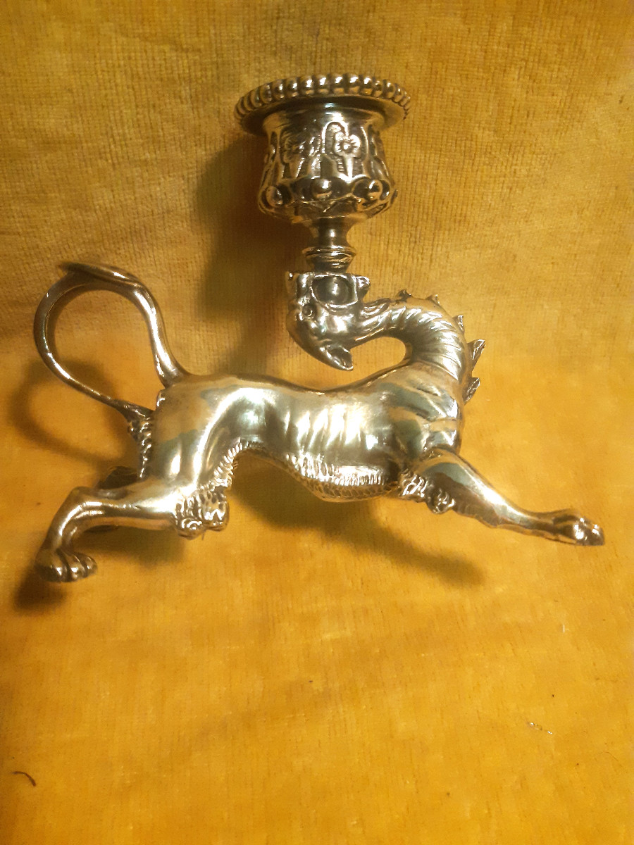 Bougeoir Griffon Lion Dragon Bronze St Renaissance Napoléon III 19éme -photo-2